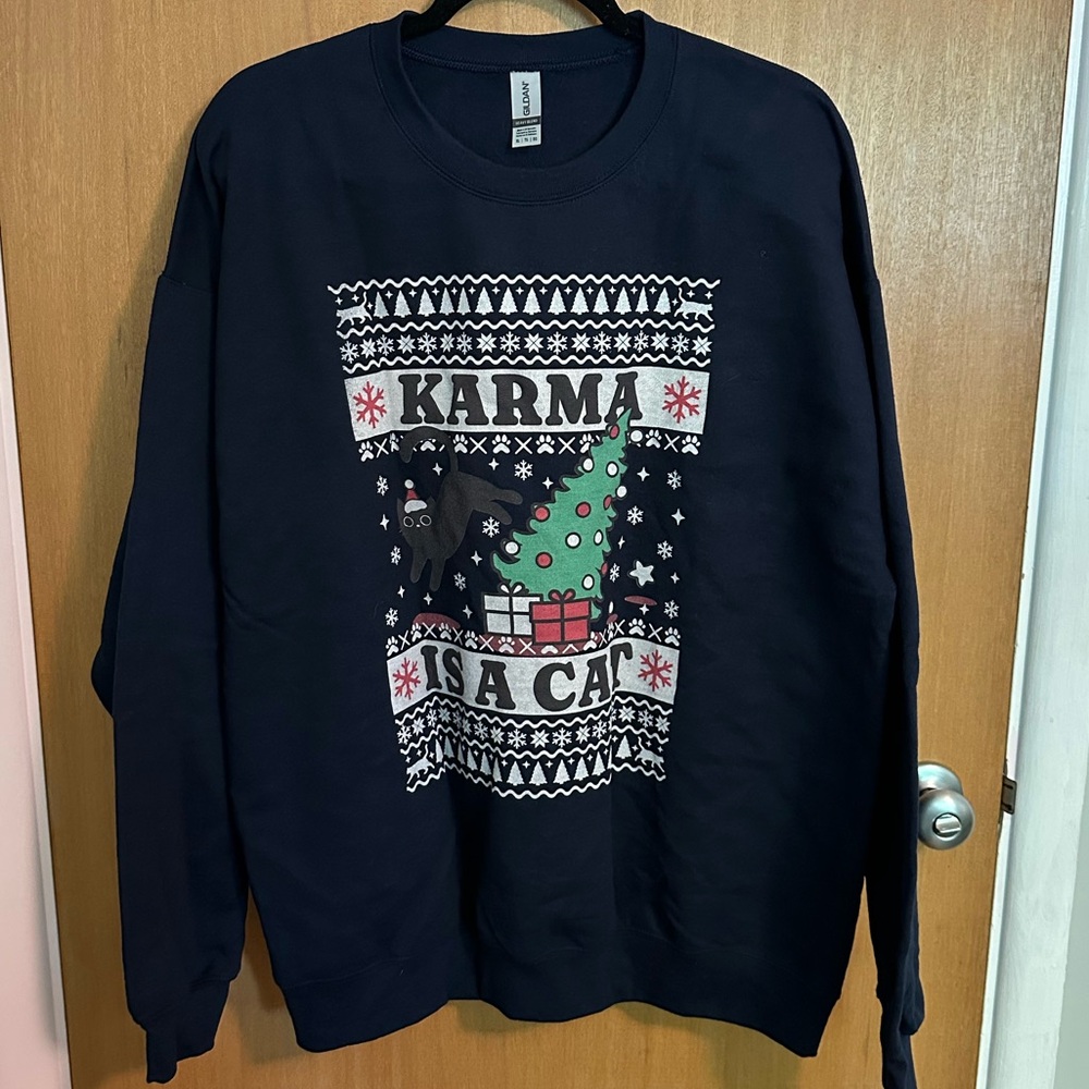 Karma is a Cat Christmas Sweatshirt Navy Taylor Swift Ugly Christmas Sweater